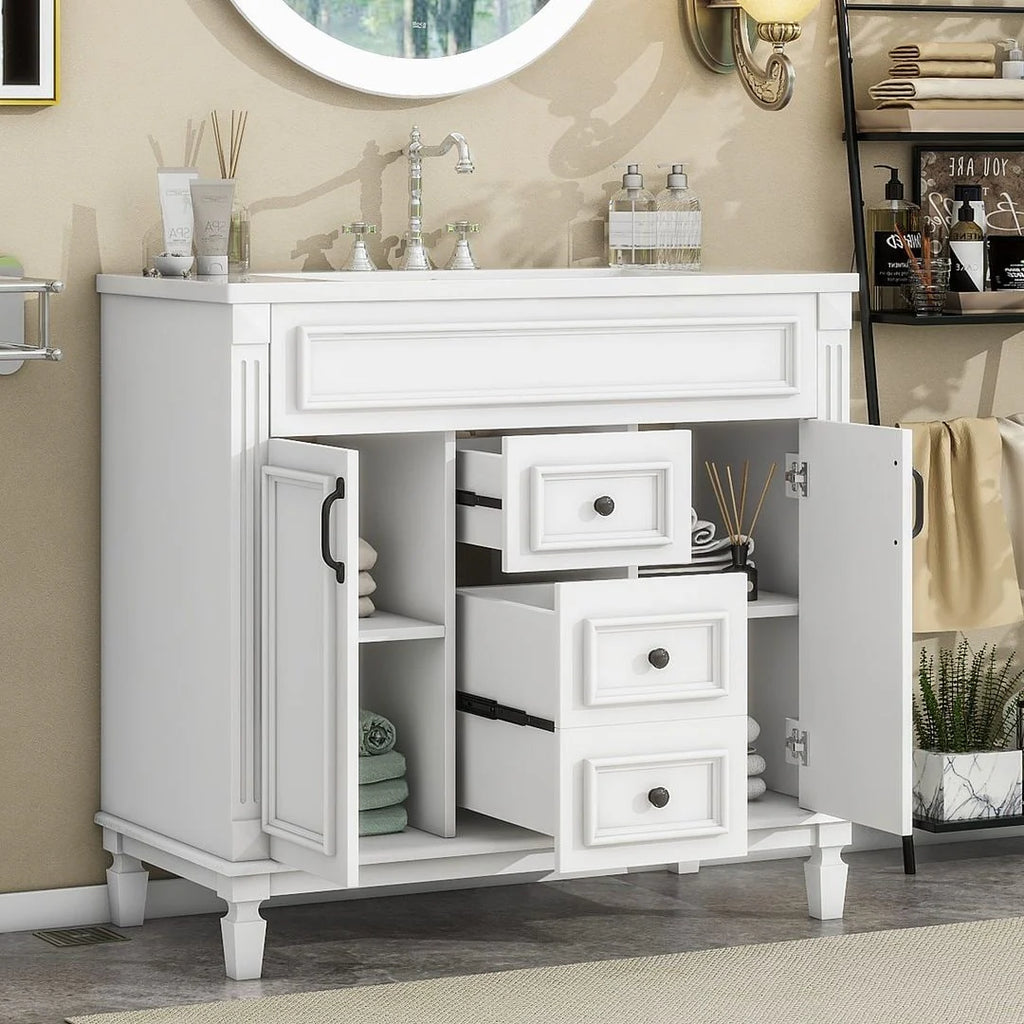 Mobile bagno moderno da 90 cm con lavabo integrato e specchiera, 2 ante e 2 cassetti