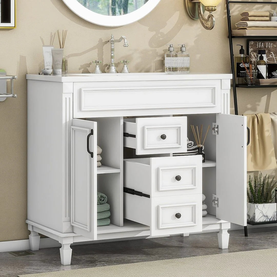 Mobile bagno moderno da 90 cm con lavabo integrato e specchiera, 2 ante e 2 cassetti