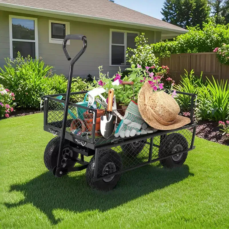 Carretto da giardino in acciaio per impieghi gravosi, 227 kg, Carretto multiuso pieghevole con lati in rete rimovibili e rivestimento, Pneumatici da 10 pollici, Maniglia di traino