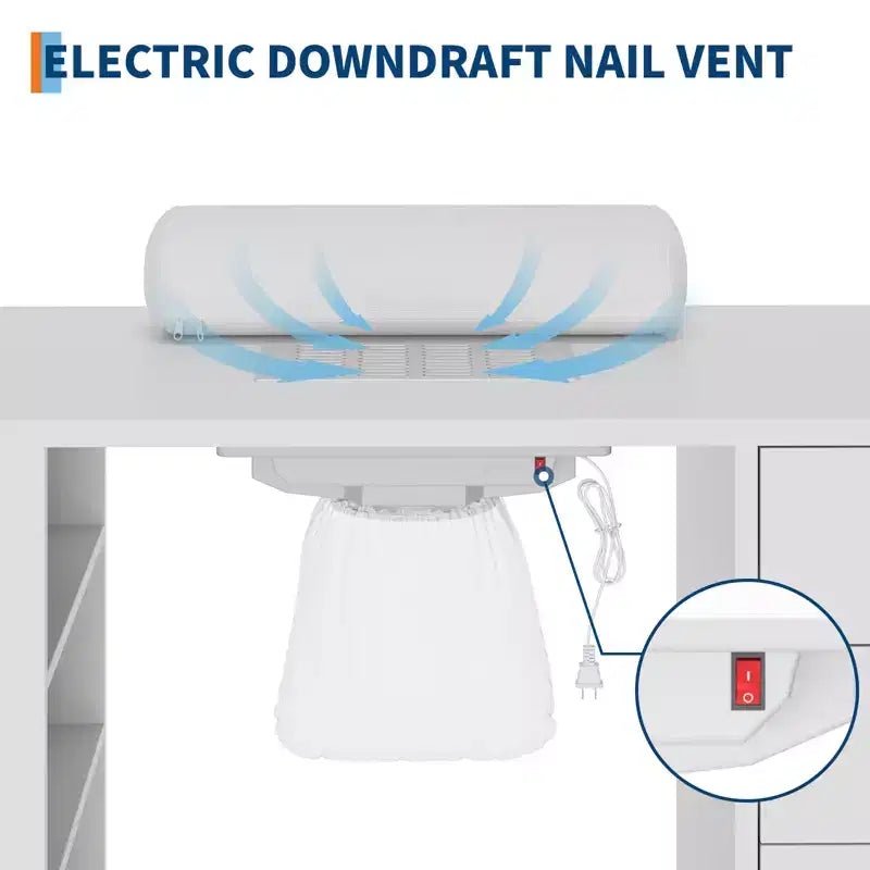 Tavolo per manicure da 42'' per tecnico unghie con raccoglitore di polvere e poggia polso, scrivania per unghie con armadietto verticale estraibile, 1 mobiletto contenitore, 2 cassetti
