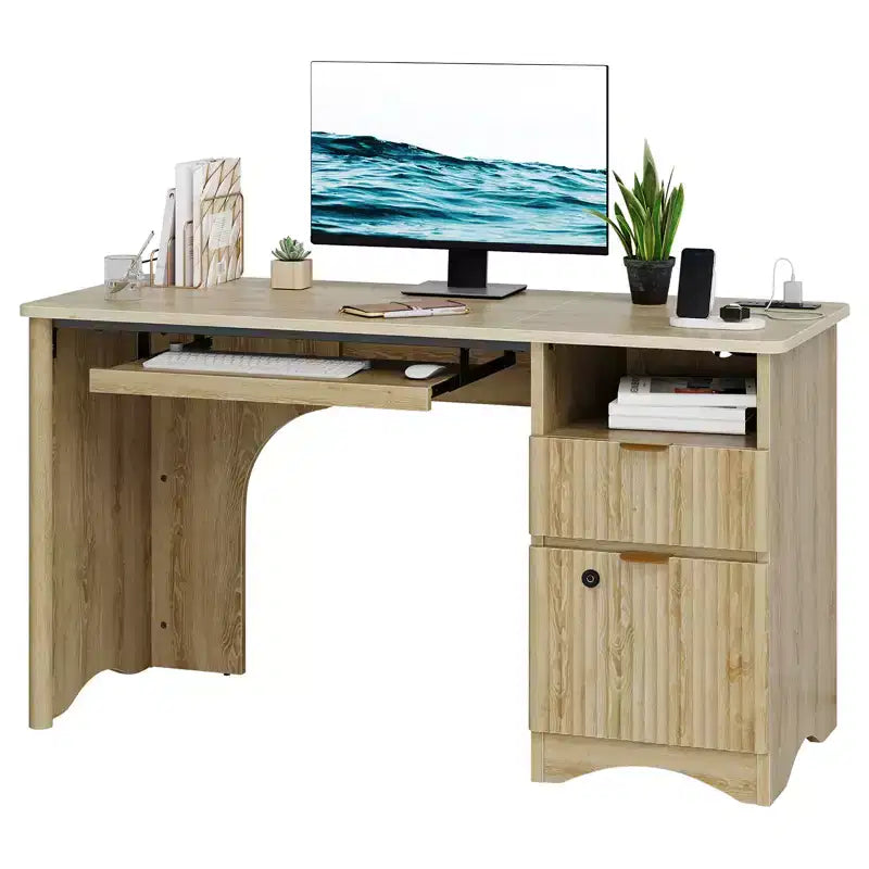 Bestier Scrivania per computer Smart 55", Scrivania in rovere con cassetti per documenti e presa di corrente, Scrivania direzionale con scomparti aperti e vassoio per tastiera