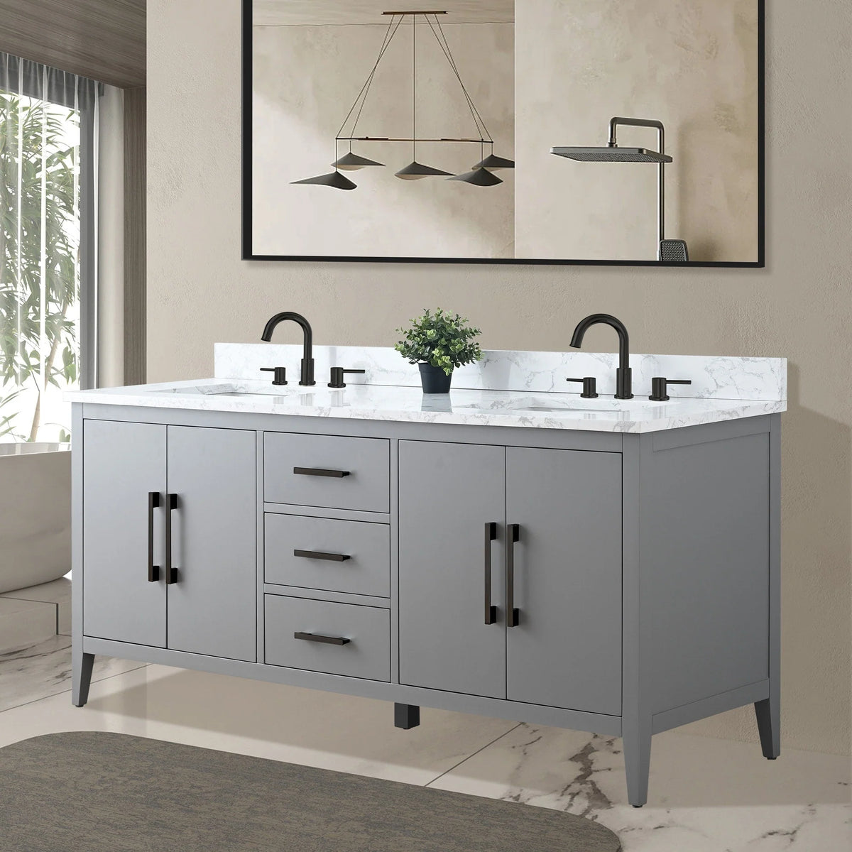 Mobile lavabo doppio Vanity Art 72 per bagno, con top in marmo tecnico
