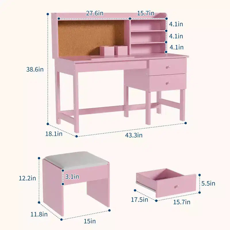 Set Scrivania e Sedia per Bambini, Tavolo da Studio in Legno con Piano Inclinabile Regolabile, Cassetti e Bacheca in Sughero - Set Scrivania per la Scuola dei Bambini