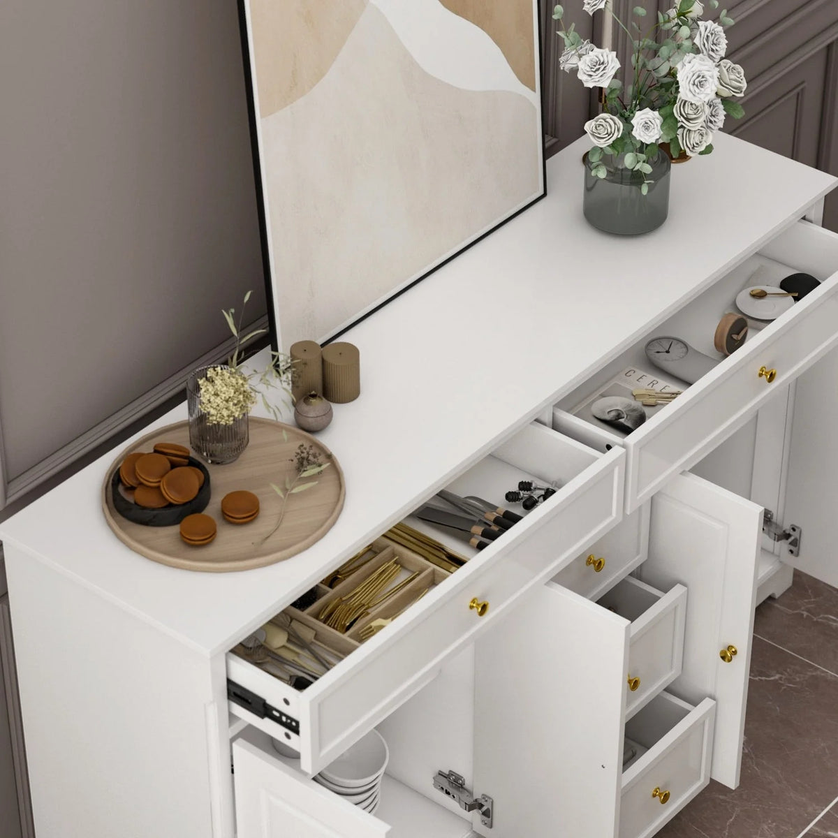 59.1'' Credenza Buffet Bianco Laccato Mid-Century Modern Contemporaneo