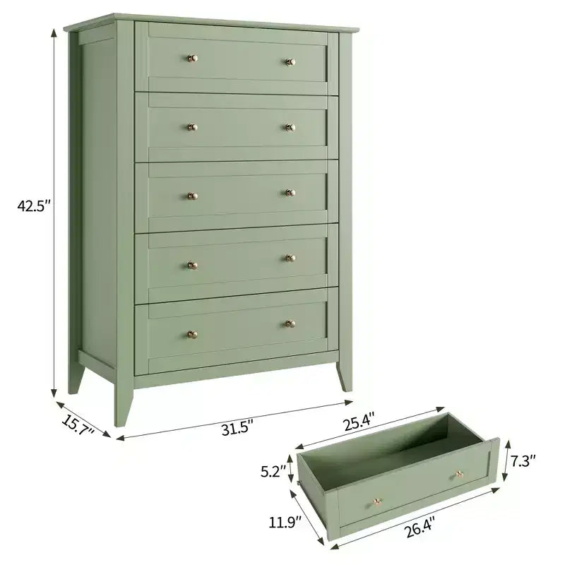 Cassettiera a 5 cassetti alta 108 cm per camera da letto, armadietto in legno con cassetti profondi 30 cm e pomelli in metallo dorato, ideale per ingresso o corridoio