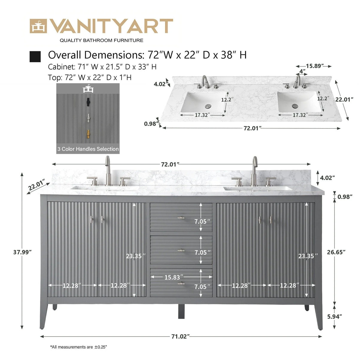 Mobile lavabo doppio Vanity Art 72 per bagno, con top in marmo tecnico