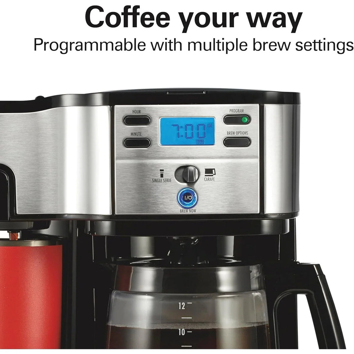 Macchina da caffè 2 in 1 da 12 tazze con caraffa in vetro e singola porzione, Pausa e Servi automatico, Nera