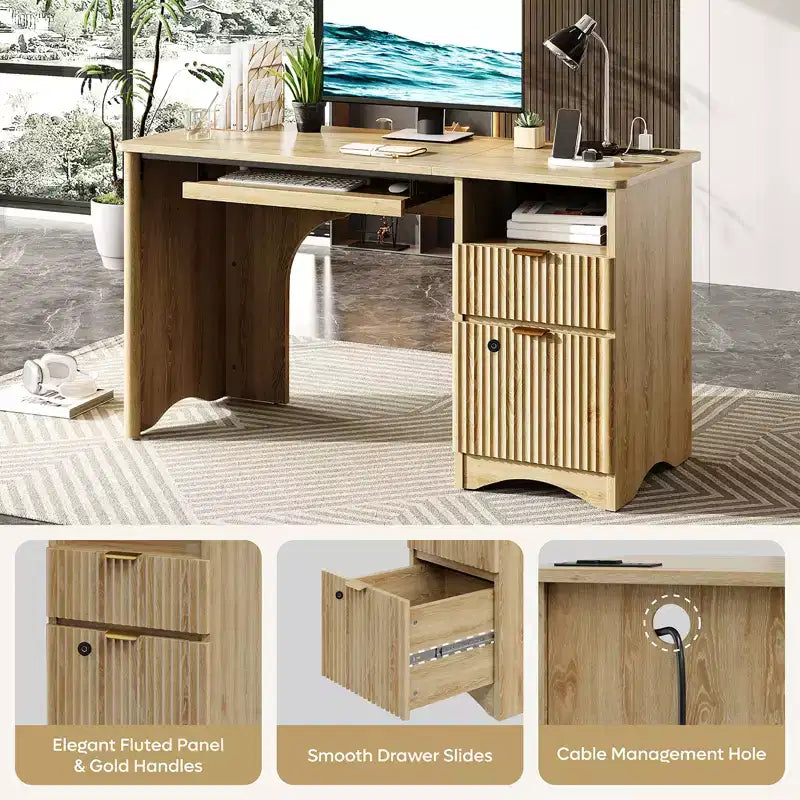 Bestier Scrivania per computer Smart 55", Scrivania in rovere con cassetti per documenti e presa di corrente, Scrivania direzionale con scomparti aperti e vassoio per tastiera