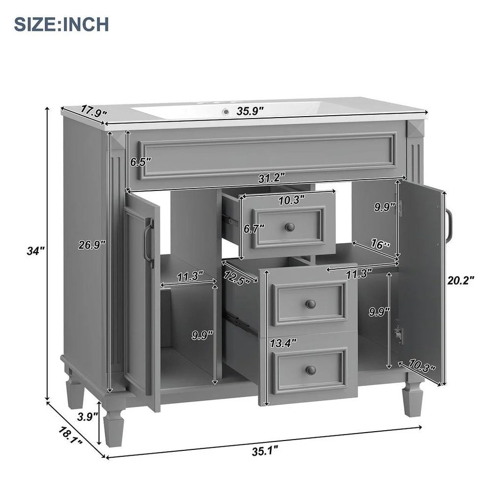 Mobile bagno moderno da 90 cm con lavabo integrato e specchiera, 2 ante e 2 cassetti