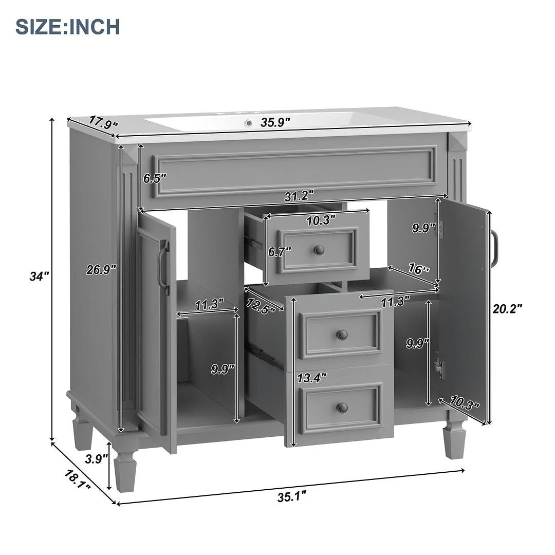 Mobile bagno moderno da 90 cm con lavabo integrato e specchiera, 2 ante e 2 cassetti