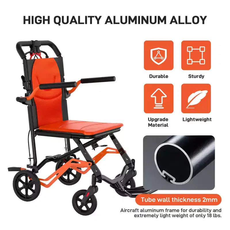 Sedia a rotelle da trasporto pieghevole ultraleggera, supporta 100 kg, telaio in alluminio da 8 kg, seduta da 41 cm, braccioli e poggiapiedi rimovibili, freno a mano bloccabile