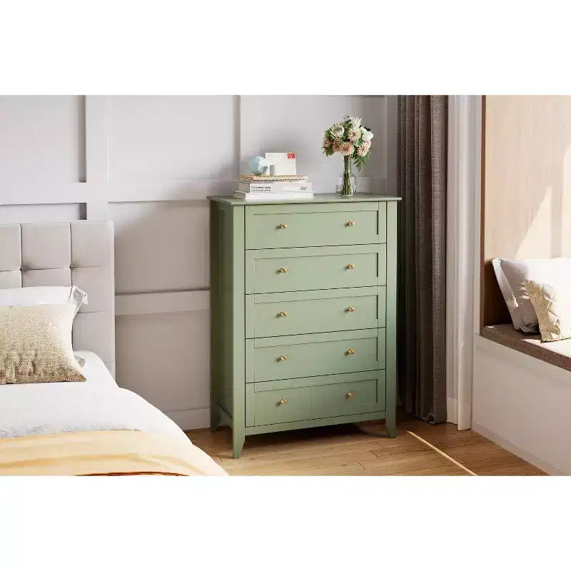 Cassettiera a 5 cassetti alta 108 cm per camera da letto, armadietto in legno con cassetti profondi 30 cm e pomelli in metallo dorato, ideale per ingresso o corridoio