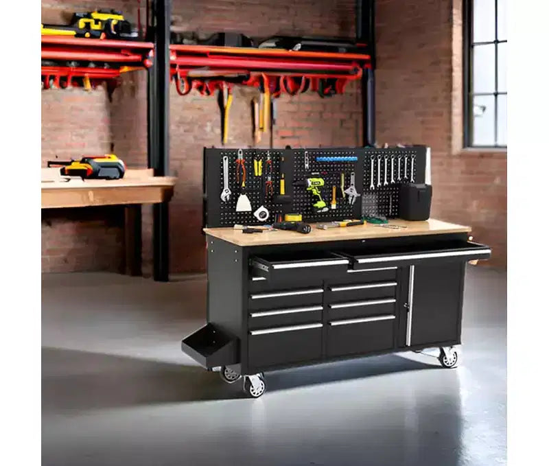 Cassettiera portautensili mobile a 10 cassetti da 61 pollici e banco da lavoro da garage con ciabatta elettrica, piano in legno di gomma massiccio, portata di 1675 libbre, armadio mobile per workstation per impieghi gravosi