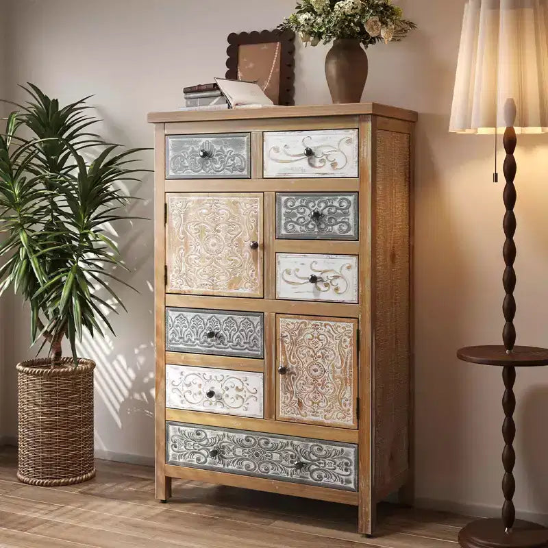 Cassettiera d'appoggio vintage in legno con 6 cassetti e 2 armadietti, cassettiera portaoggetti rustica intagliata multicolore per soggiorno