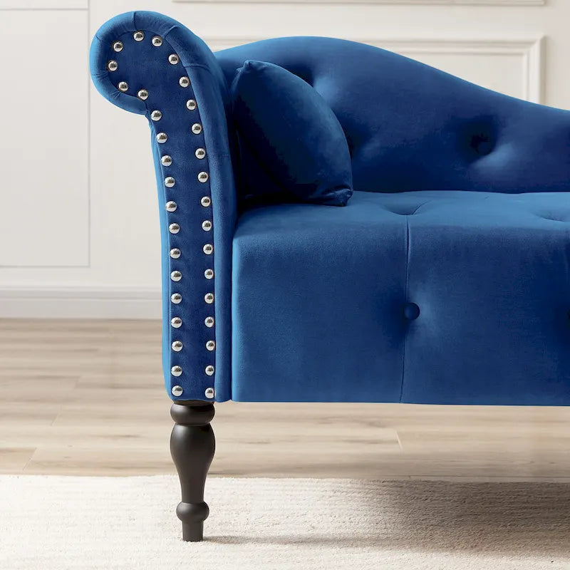 Moderna Chaise Longue da 60.6" in Velluto Imbottito con Bottoni Capitonnè, Gambe in Legno Massello e Borchie
