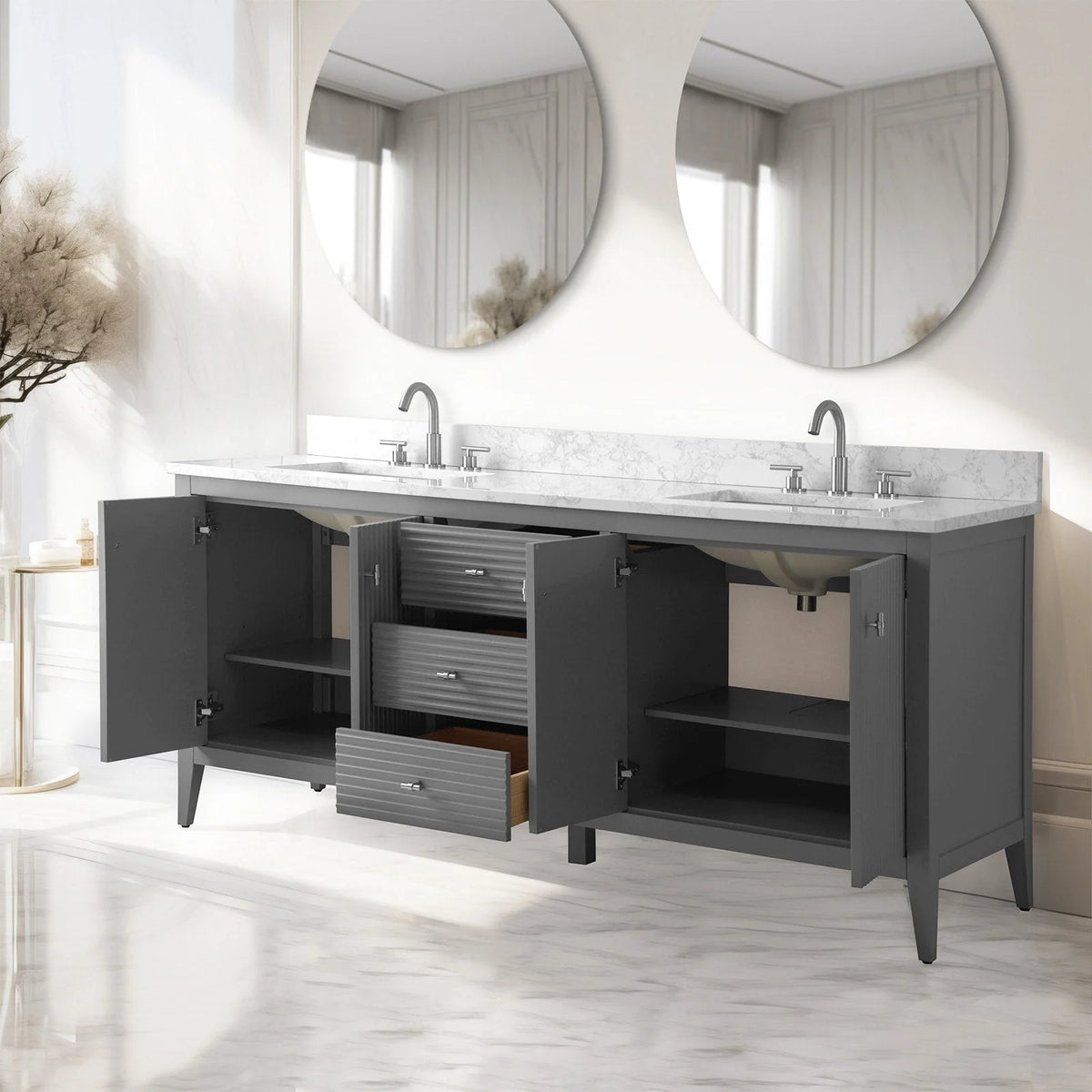 Mobile lavabo doppio Vanity Art 72 per bagno, con top in marmo tecnico