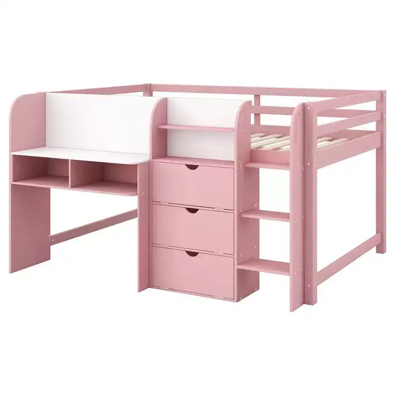 Letto a soppalco basso rosa/bianco con scrivania, contenitore e lavagna bianca - Singolo, 1 persona