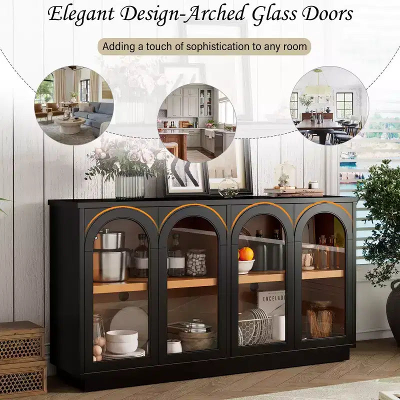 Mobile buffet a 4 ante con ampi spazi e ante in vetro, armadio ad arco con ripiani regolabili per la cucina