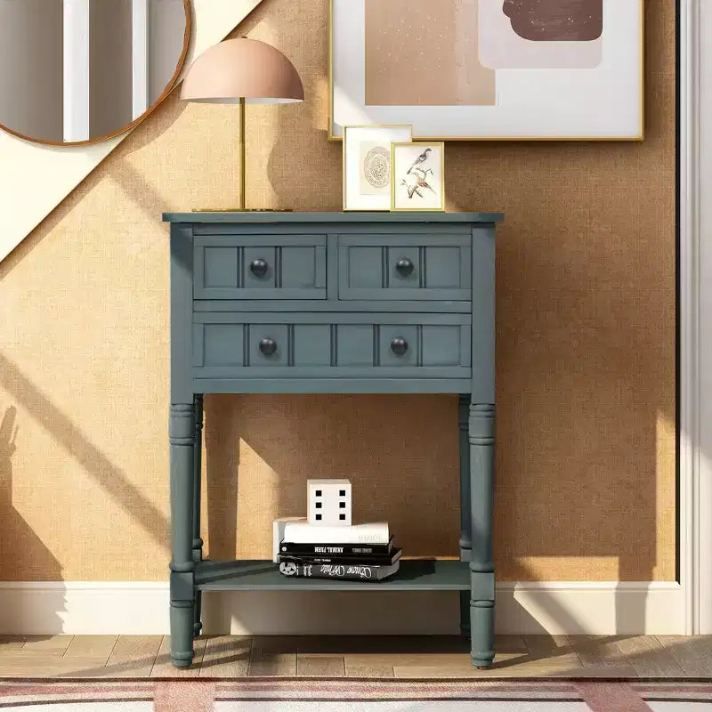 Tavolino consolle stretto da 60 cm con 3 cassetti e ripiano, tavolino da divano per ingresso o soggiorno di piccoli spazi