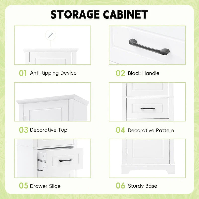 Mobile bagno da terra con 2 ante, ripiani regolabili e scomparti sulla porta, organizer alto per bagno