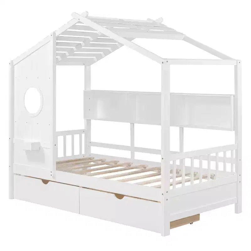 Letto in legno a forma di casa Twin/Full Size con 2 cassetti, letto per bambini con scaffale portaoggetti - ModernLuxe