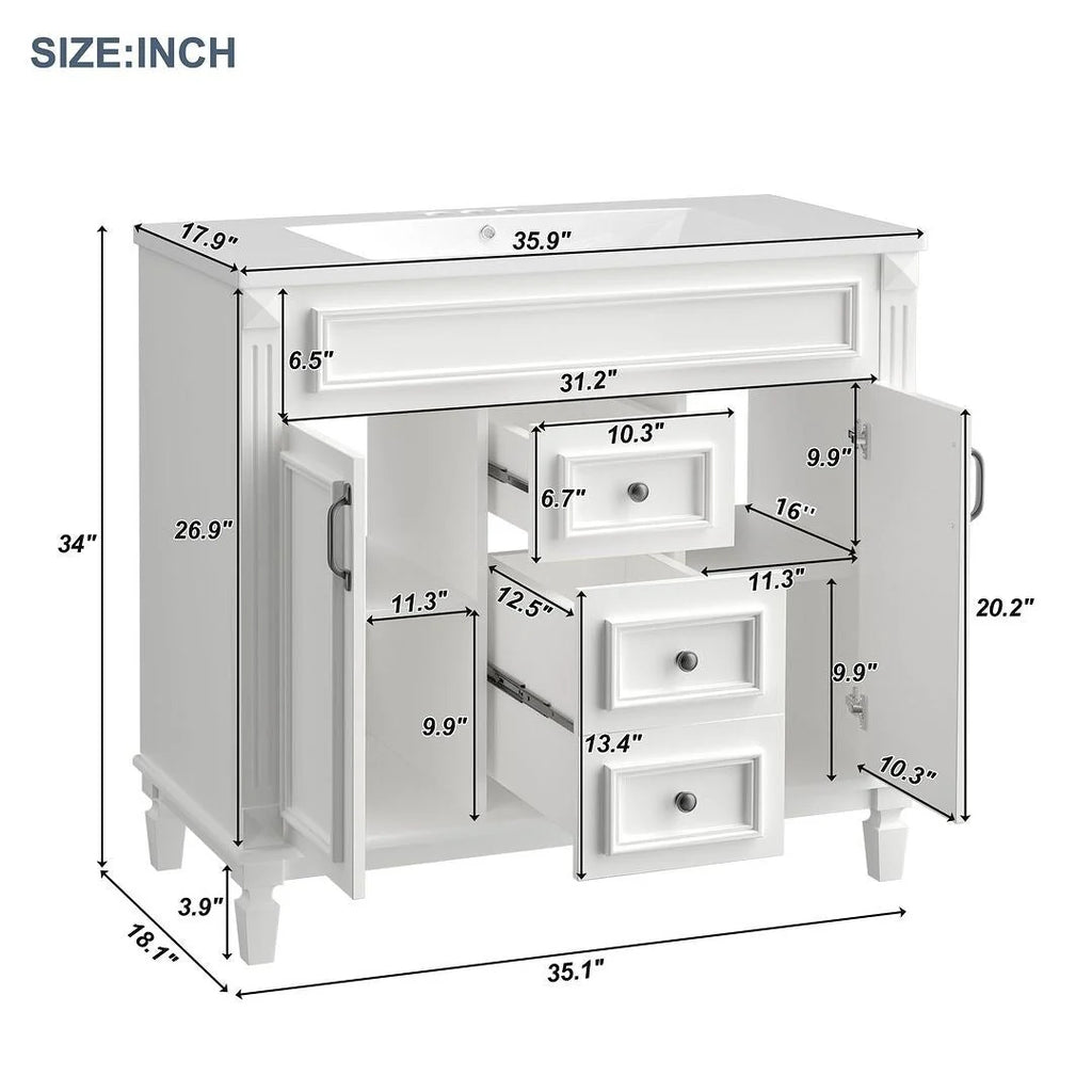 Mobile bagno moderno da 90 cm con lavabo integrato e specchiera, 2 ante e 2 cassetti