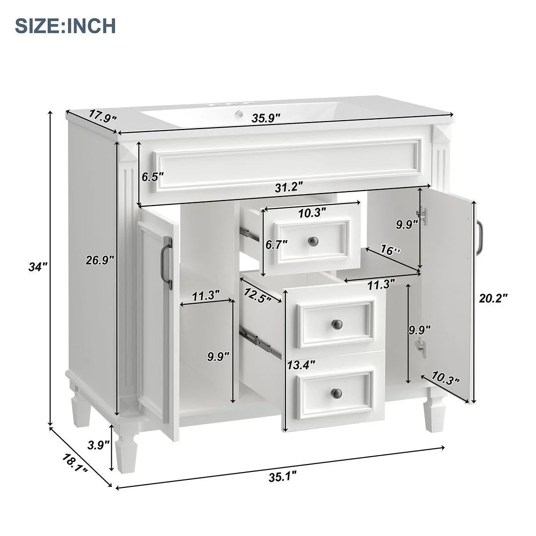 Mobile bagno moderno da 90 cm con lavabo integrato e specchiera, 2 ante e 2 cassetti