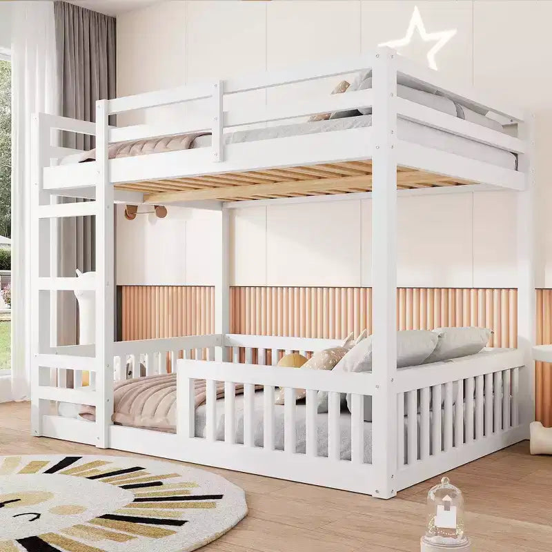 Letto a castello in legno Full over Full con scaletta e spondine, letti a castello Full Size a pavimento basso con supporto a doghe