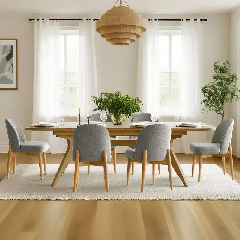 Set da pranzo da 7 pezzi, tavolo allungabile 78-96 con base a cavalletto e sedie imbottite con gambe in legno massello-Panipeachy