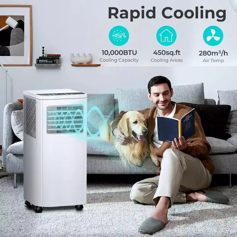 Condizionatore portatile da 8.000 BTU, unità 3 in 1 con 4 modalità, timer, display LED, telecomando e kit di installazione, per camera da letto/soggiorno/ufficio, bianco.