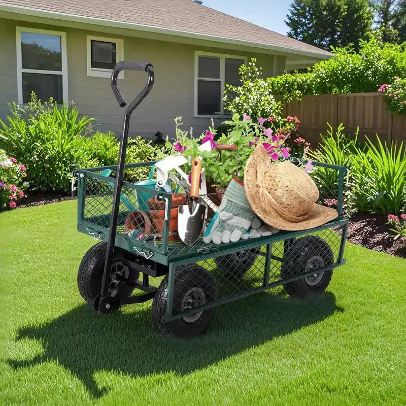 Carretto da giardino in acciaio per impieghi gravosi, 227 kg, Carretto multiuso pieghevole con lati in rete rimovibili e rivestimento, Pneumatici da 10 pollici, Maniglia di traino