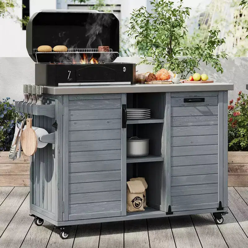 FAMYYT Isola per Cucina da Esterno da 78.3 Pollici con Piano di Lavoro in Acciaio Inossidabile, Stazione Barbecue Pieghevole e Armadietti Contenitore, Grigio Blu