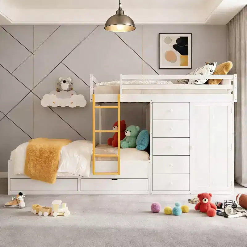 Letto a castello matrimoniale moderno con armadio integrato e 7 cassetti contenitore