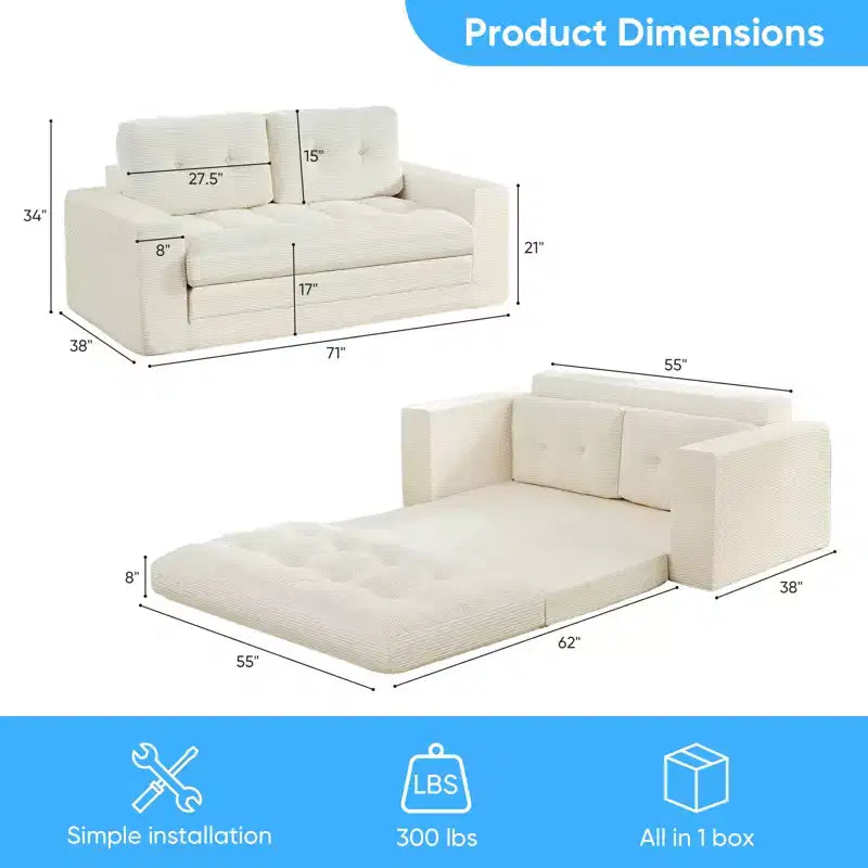 Mjkone Divano Letto Futon Convertibile 2-in-1 da 180 cm, in Tessuto a Coste, Pieghevole con Bottoni Trapuntati, Salvaspazio